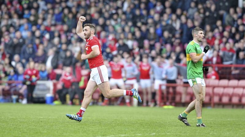 Magherafelt&#39;s Emmett McGuckin celebrates another point against Glen during the Derry Senior Football Championship Final at Celtic Park on Sunday. Picture Margaret McLaughlin 