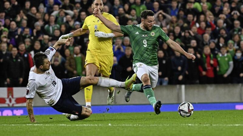 Northern Ireland&rsquo;s Conor Washington shoots at the Italian goal in the 90th minute - only for visiting captain Leonardo Bonucci to clear off the line. <br />Pic Colm Lenaghan/ Pacemaker