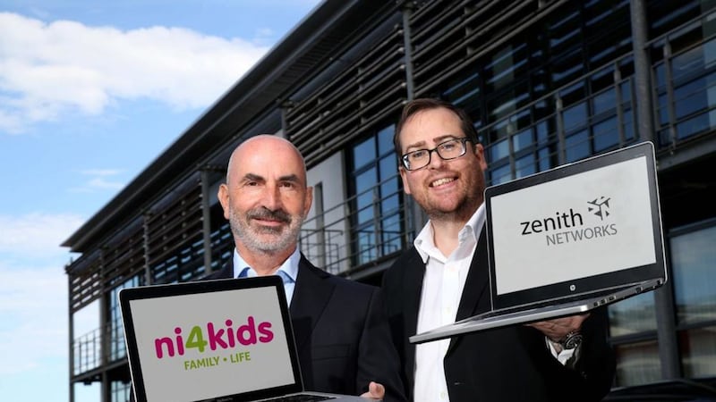 Gary Hamilton of NI4Kids and Martin Lyons from Zenith Networks. Photo: Darren Kidd / Press Eye 