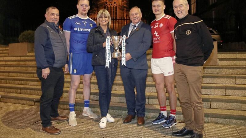 Monaghan manager Seamus McEnaney and goalkeeper Rory Beggan alongside Tyrone boss Mickey Harte, defender Michael McKernan, Bank of Ireland&#39;s Geraldine O&#39;Hagan and Ulster GAA president Oliver Galligan at the Dr McKenna Cup final launch in Armagh. Picture by Declan Roughan 