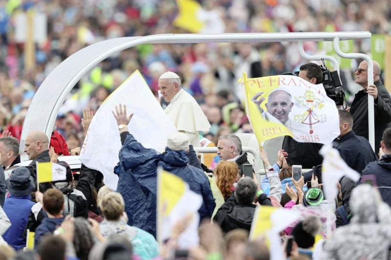 Pope Francis arrives on Sunday at Phoenix Park, where he celebrated Mass and appealed for forgiveness for a litany of abuses committed by the Church. Picture by Brian Lawless/PA Wire 