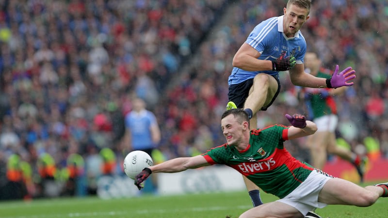 Dublin's Paul Mannion is blocked by Mayo's Diarmuid O'Connor during last Sunday's All-Ireland senior football final at Croke Park<br />Picture by Colm O'Reilly&nbsp;