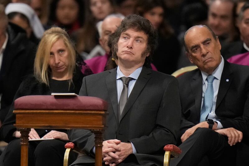 From left, Argentine Secretary-General of the Presidency Karina Milei, President Javier Milei, and Interior Minister Guillermo Francos attend the canonisation of Maria Antonia de Paz y Figueroa also known as Mama Antula (Alessandra Tarantino/AP)