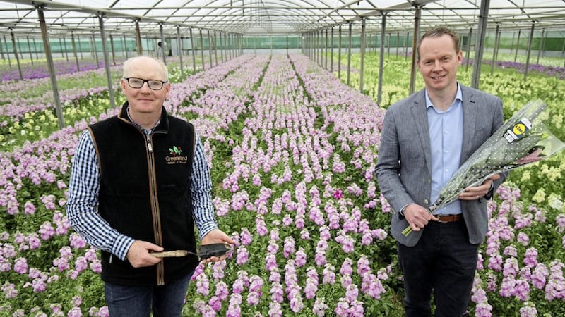 Pictured securing the supply deal are Lidl Northern Ireland regional director Conor Boyle with Greenisland Flowers managing director Shane Donnelly. Photo: Phil Smyth 