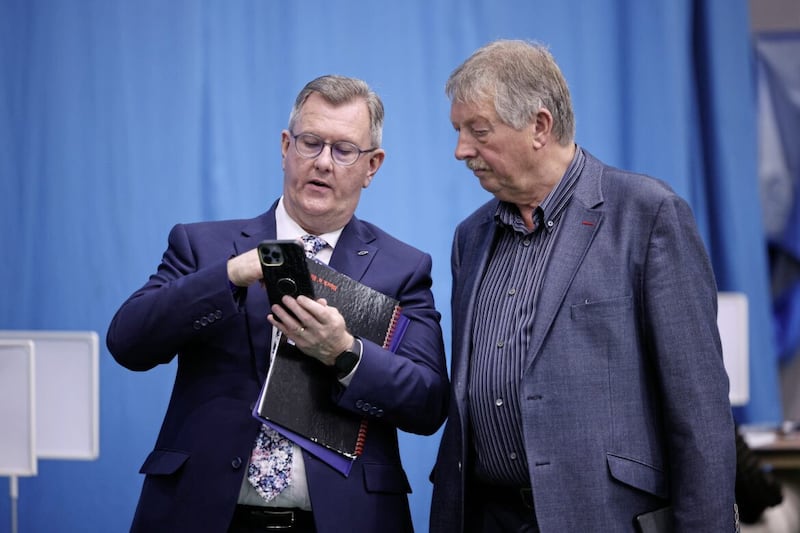 DUP leader Jeffrey Donaldson with his fellow MP Sammy Wilson. Suggestions that the party could split over a return to Stormont are ill-founded, says Deirdre Heenan. PICTURE: STEPHEN DAVISON 