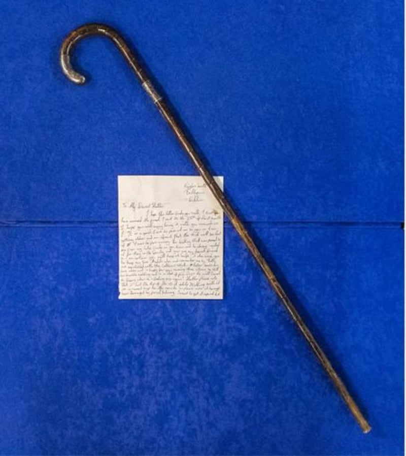 &nbsp;Walking stick once belonging to Michael Collins with letter of providence, one of the lots for sale at Bloomfield Auctions in east Belfast next week