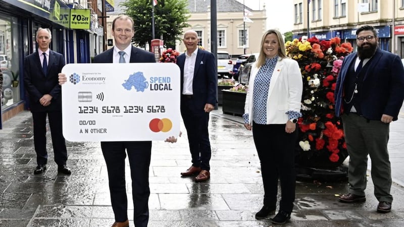 Economy Minister Gordon Lyons with retail chiefs at the announcement of the High Street Scheme on July 29 2021. Picture by Department for the Economy/PA Wire 
