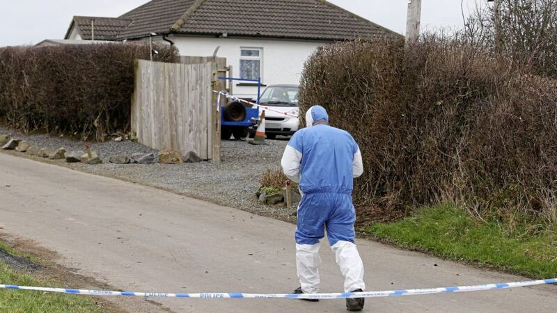 Forensic search at the scene where man in his 60s was shot a number of times through the window of a house near on the Tullymore Road. Poyntzpass, County Armagh. Picture by Mal McCann. 