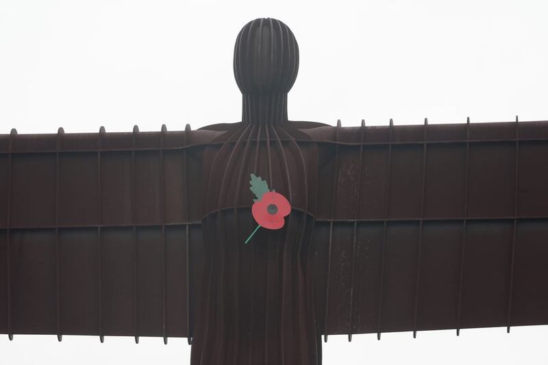 The Angel of the North with a poppy