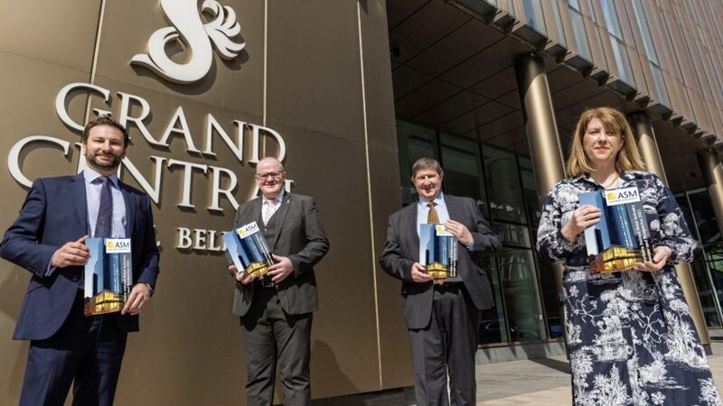 L-R: Adrian Patton, ASM Chartered Accountants; Stephen Meldrum, general manager of the Grand Central Hotel; Michael Williamson, ASM; and Janice Gault, of the Northern Ireland Hotels Federation. 