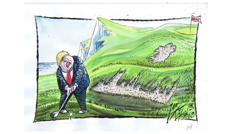 Ian Knox cartoon July 19 2019 - The plans of both Rory McIlroy and Boris Johnson receive setbacks. Rory drives straight into the rough on the first day of The Open while in Westminster MPs back a bid to stop a new prime minister suspending Parliament to force through a no deal Brexit