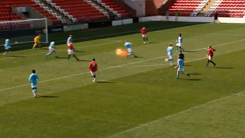 Manchester United posted a video showing the ball on fire after Ethan sent it on its way&nbsp;