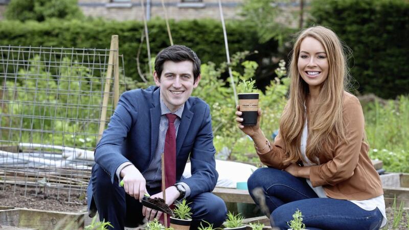 Fergal O&rsquo;Kane from Musgrave and local business owner and passionate recycler, Nicola Bryce-Ward celebrate the news that Frank and Honest is to become the first all-Ireland coffee brand to move to 100 per cent compostable coffee cups only 