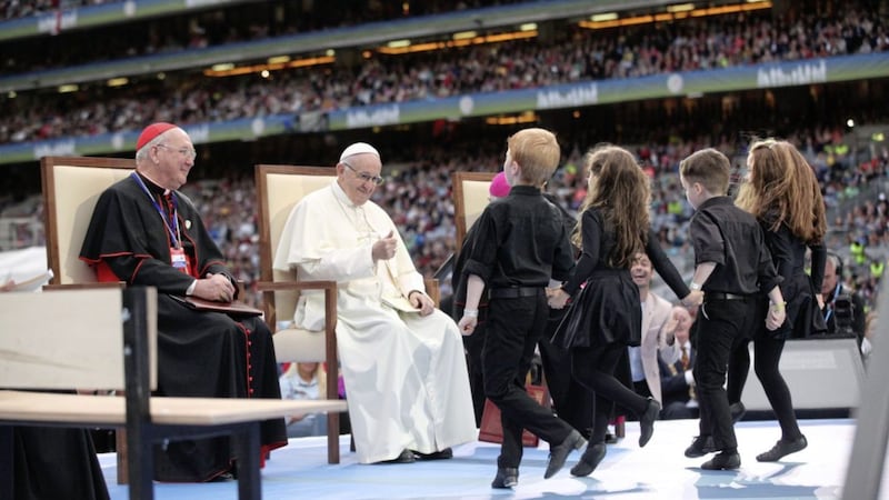 Pope Francis gives the thumbs up to a group of young performers in Croke Pk on Saturday evening. Pic John Mc Elroy. 