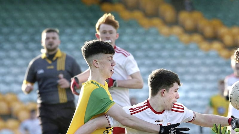 Donegal&#39;s Dylan Dorrian and Conor Rorarty move in on Daniel Fullerton of Tyrone during the Ulster Minor Championship quarter-final match at Ballybofey on Saturday April 27 2019. Picture by Margaret McLaughlin. 