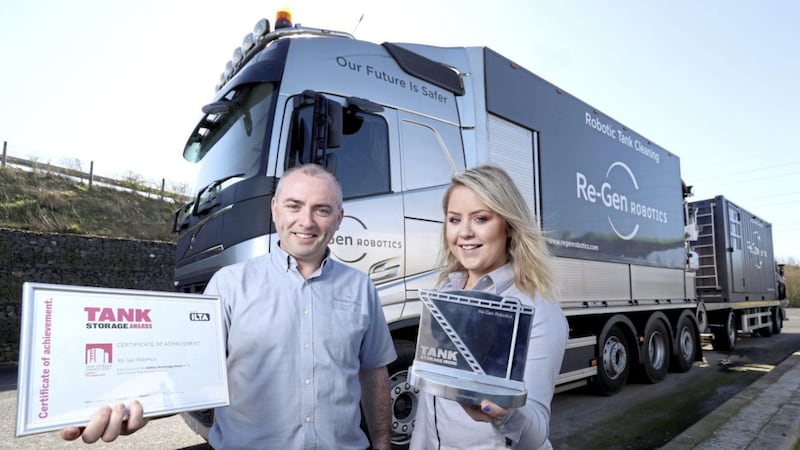 Re-Gen Robotics managing director Fintan Duffy and the company&#39;s evironmental health and safety compliance officer Lauren Critcher celebrate the award 