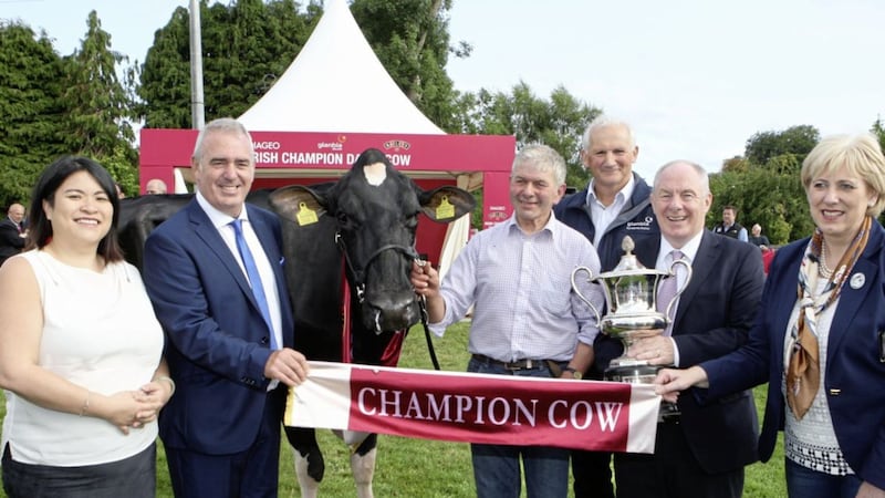 Hilltara Lanthority Echo 2 was crowned the Diageo Baileys Cow Champion at the 2017 Virginia Show. Pictured with the winning cow are (from left) Hazel Chu, head of corporate &amp; trade relations for Diageo Ireland; Robert Murphy, head of Baileys operations; breeder Sam McCormick from Bangor; Henry Corbally, chairman Glanbia Ireland; Minister for Rural and Community Development Michael Ring; and Minister for Arts, Culture and The Gaeltacht Heather Humphries 