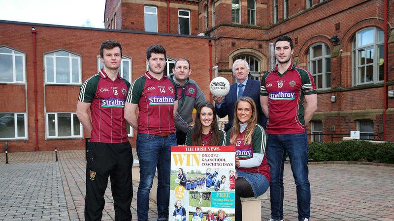 St Mary's University College coaches who will be participating in the Irish News School Coaching Day initiative are (l-r) Aaron Beattie, Brendan McKernan, Stephen Beattie, Megan Kerr, Aimee Lavery and Niall McParland with The Irish News sports editor Thomas Hawkins <br />Picture by Mal McCann