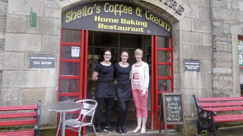 Teresa Gildea (right) with Emily Sweeney and Mairead Breslin from Shelia&rsquo;s restaurant outside the Heritage Centre in Ardara 