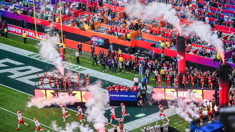 Kansas City Chiefs players take to the field ahead of Super Bowl LVII between the Kansas City Chiefs and the Philadelphia Eagles in 2023