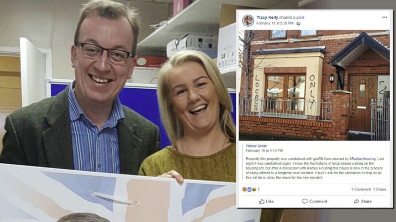 DUP council candidate Tracy Kelly with party MLA Christopher Stalford, and inset, the post she shared on Facebook 