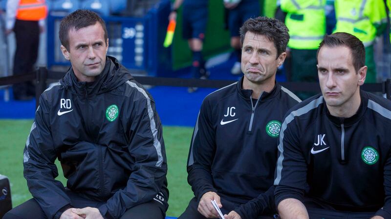 John Kennedy (right) with Celtic manager Ronny Deila and coach John Collins. Kennedy has said the Celts have no plans for major recruitment this summer