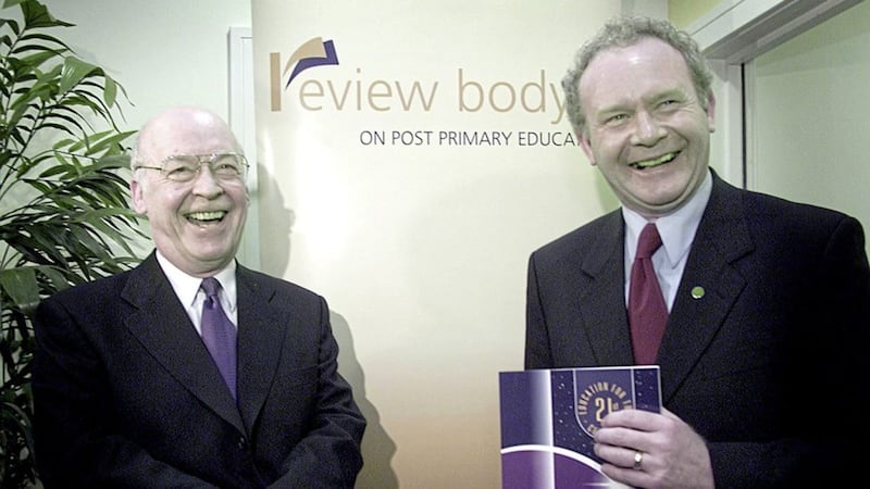 Gerry Burns, left, pictured with the late Martin McGuinness. He was the author of the Burns report into secondary education in Northern Ireland. Picture by Hugh Russell 