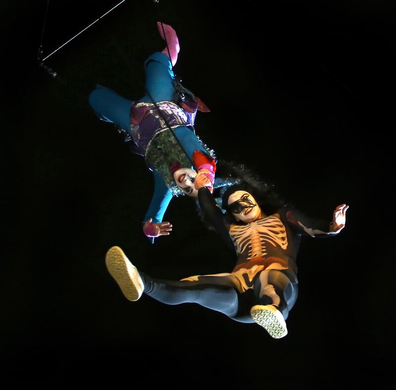 Aerial artists entertaining above the Diamond during the Derry Halloween Festival which got underway at the weekend.  Picture Margaret McLaughlin