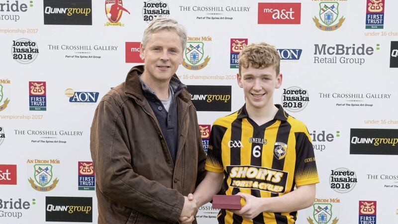 Paul McGirr U16 Club Champions Tournament: Crossmaglen Rangers v Derrygonnelly Harps. Crosmaglen&#39;s Miceal Murray receiving his Spires Art-sponsored Man of the Match award from Michael McGirr from the Spirit of Paul McGirr Trust. Picture by Martin McGlone: martinmcglone@gmail.com 