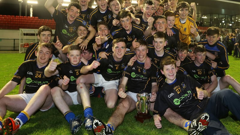 St Louis, Ballymena celebrate Mageean Cup final victory over St Patrick's, Maghera in 2015. It was the school's second victory in the competition after their first came in 1988        Picture: John Ilwaine