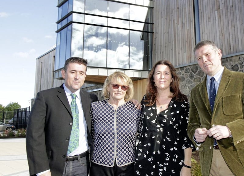 Marie Heaney with children Christopher, Catherine and Michael during the official opening of the new Seamus Heaney HomePlace at Bellaghy in 2016 