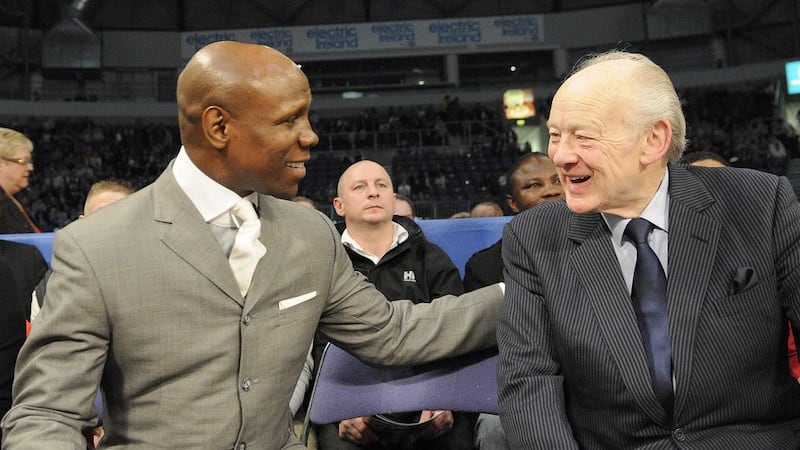 Fighting legends Chris Eubank senior and Barney Eastwood (right) have a chat at an Odyssey Arena fight night in Belfast. Picture by Mark Marlow&nbsp;