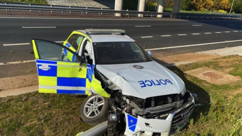 A police car after it was rammed on the M22 yesterday afternoon. Picture from&nbsp;PSNI Road Policing &amp; Safety