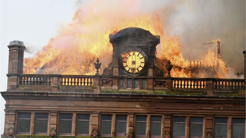 The iconic clock at Bank Buildings goes up in flames 