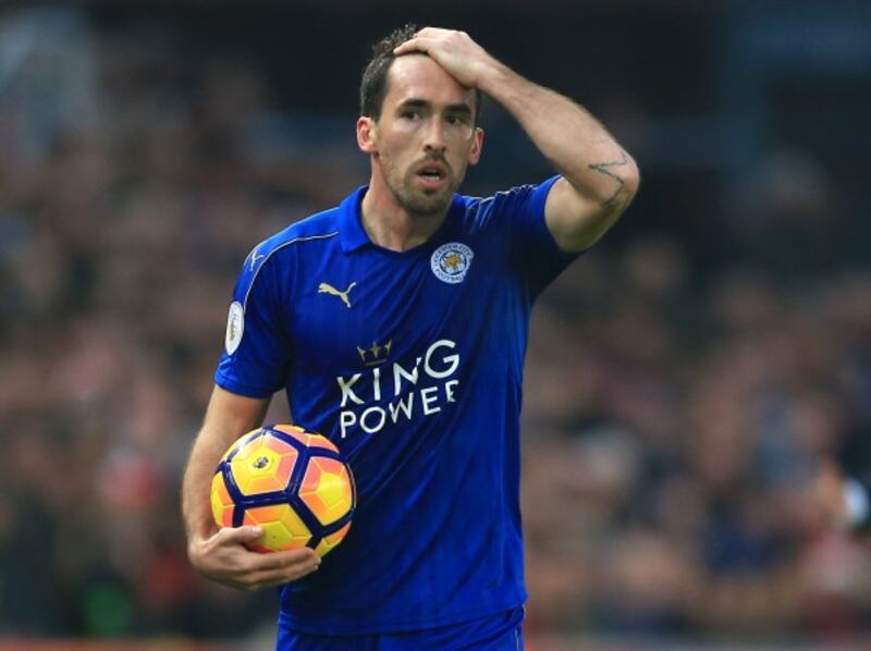Christian Fuchs playing for Leicester