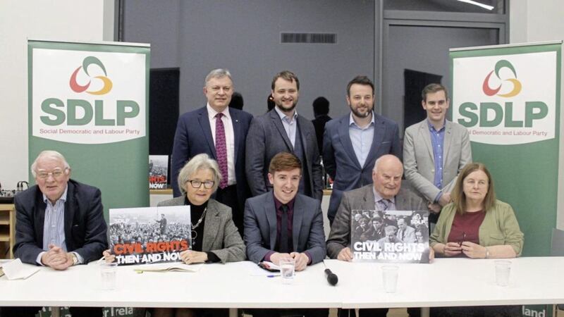 The panel at the event in Dungannon, back from left Mid Ulster MLA Patsy McGlone, councillor Malachy Quinn, SDLP leader Colum Eastwood and panelist Fergal McFerran. Front row from left, Austin Currie, SDLP civil rights committee chair Br&iacute;d Rodgers, panel chair Brendan Hughes, Michael McLoughlin and former Mid Ulster MP Bernadette McAliskey 