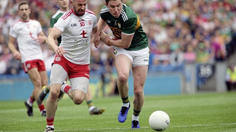 Tyrone star Mattie Donnelly in action against Kerry&#39;s Tadhg Morley last year. Picture by Seamus Loughran 