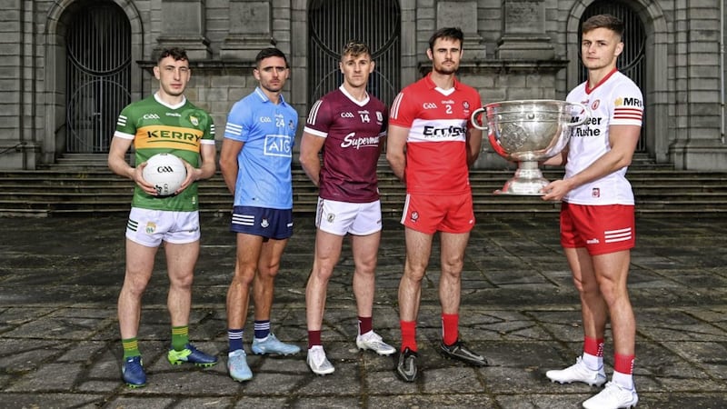 What we have we hold. From left, Paudie Clifford of Kerry, Niall Scully of Dublin, Shane Walsh of Galway, Christopher McKaigue of Derry and Michael McKernan of Tyrone at the launch of the All-Ireland Senior Championship Series in Dublin. Photo by Ramsey Cardy/Sportsfile 