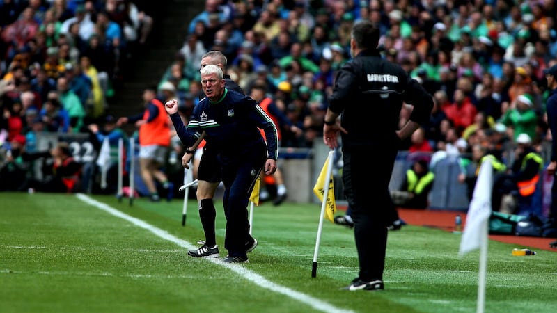 Limerick manager John Kiely urges his team on from the touchline during yesterday's All-Ireland SHC final