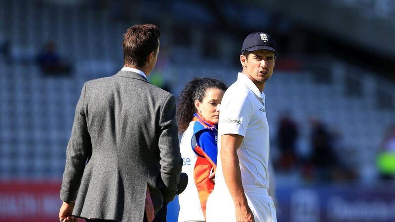 England&#39;s captain Alastair Cook, (right) chats with former captain Michael Vaughan, (left) after the match during day four of the Second Investec Ashes Test at Lord&#39;s 