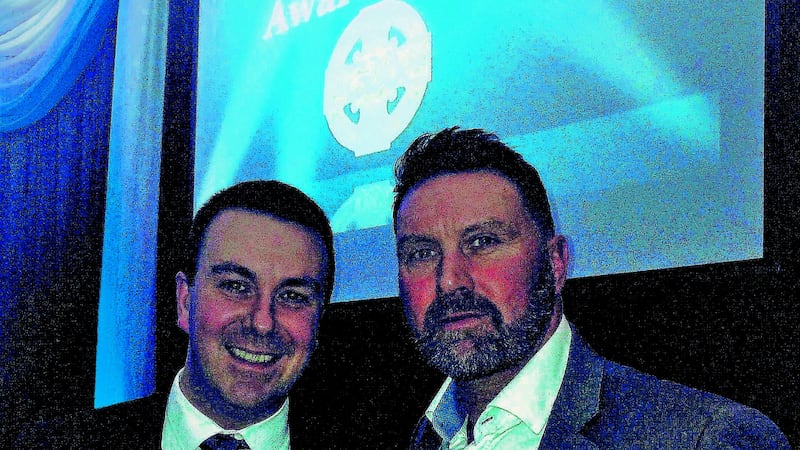 BIG SCOOP: Irish News sports writer Neil Loughran and Down All-Ireland winner Peter Withnell at the prestigious McNamee Awards ceremony at Croke Park, Dublin last night. Neil won a major award in the National Media category for his two-part feature on Withnell, published in December&nbsp;