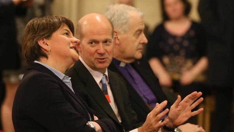 First Minister and DUP leader Arlene Foster chats with British ambassador Dominick Chilcott as they attend an event to mark the 1916 Rising at Christ Church Cathedral in Dublin. Picture by Niall Carson, Press Association