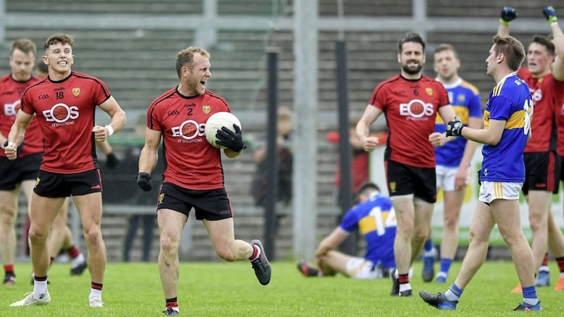 Darren O&#39;Hagan, centre, celebrates at the final whistle after Down&#39;s win against Tipperary in last season&#39;s Qualifiers 