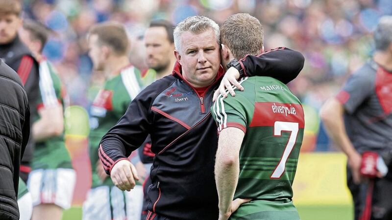 Stephen Rochford consoles Colm Boyle after Mayo&#39;s heart-breaking loss to Dublin Picture by Philip Walsh 