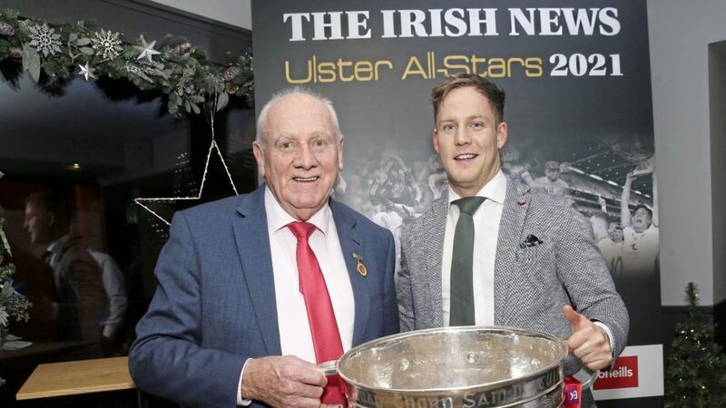 Tyrone vice-captain Kieran McGeary (right) has been voted 2021 Footballer of the Year - pictured at The Irish News All-Stars in Belfast. <br />Picture by Hugh Russell