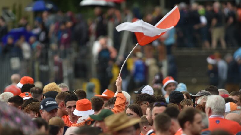 Rory Grugan and Armagh fans celebrate victory over Galway. Picture: John Merry