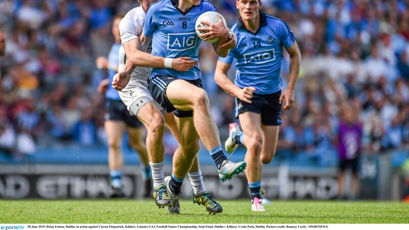 Dublin's Brian Fenton in action against Kildare's Ciar&aacute;n Fitzpatrick during Sunday's Leinster SFC semi-final at Croke Park <br />Picture: Sportsfile&nbsp;