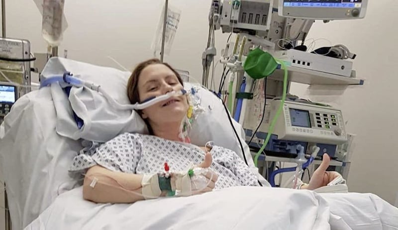 Karen Lyons, pictured following her life-saving operation last January 