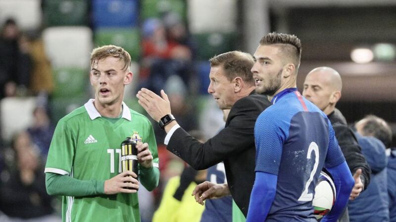 Northern Ireland&#39;s new senior manager, Ian Baraclough, gives instructions to Mark Sykes during an under-21 game in 2018. Picture by David Maginnis/Pacemaker Press 
