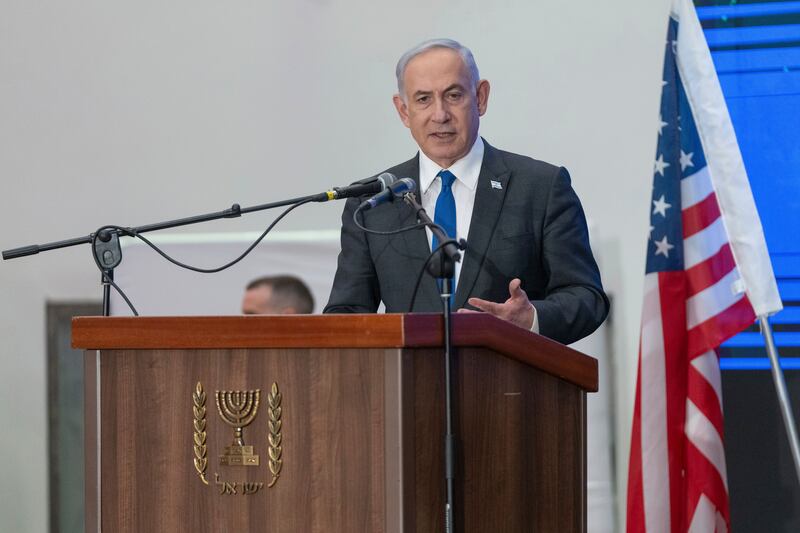Benjamin Netanyahu speaking during a gathering of Jewish leaders at the Museum of Tolerance in Jerusalem (Ohad Zwigenberg/AP)
